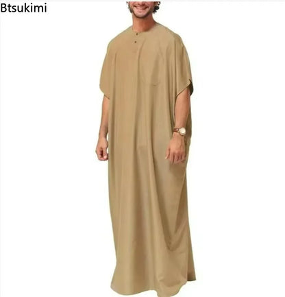 New 2025 Men Islamic Arabic Kaftan Vintage Solid Short Sleeve Loose Retro Robes Abaya Dubai Middle East Muslim Clothing S-5XL