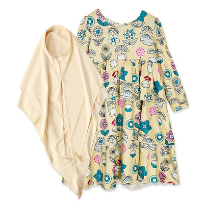 Floral Muslim Girls Prayer Dress Hijab Abaya Robe Arab Dubai Children Ramadan Set Kids Kaftan Headscarf Islamic Eid Gown Jilbab