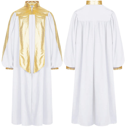 Deluxe Choir Robe For Church Boys Girls Long Sleeve Metallic Contrast Zipper Worship Dance Stained Glass Robe Muslim Arabic Thob