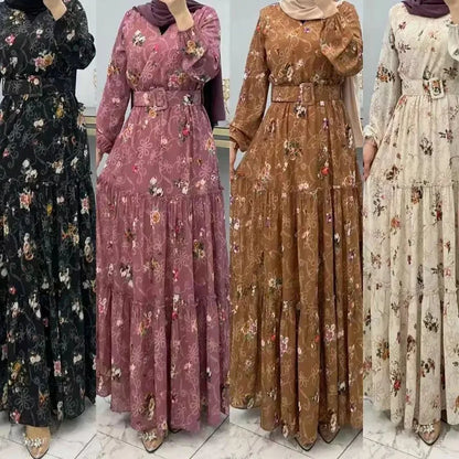 Eid Morocco Dress Women Muslim Abaya Jalabiya Turtleneck Floral Print Belted Dubai Kaftan Robe Vestidos Ramadan Abayas Dresses