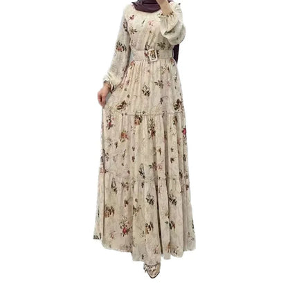 Eid Morocco Dress Women Muslim Abaya Jalabiya Turtleneck Floral Print Belted Dubai Kaftan Robe Vestidos Ramadan Abayas Dresses