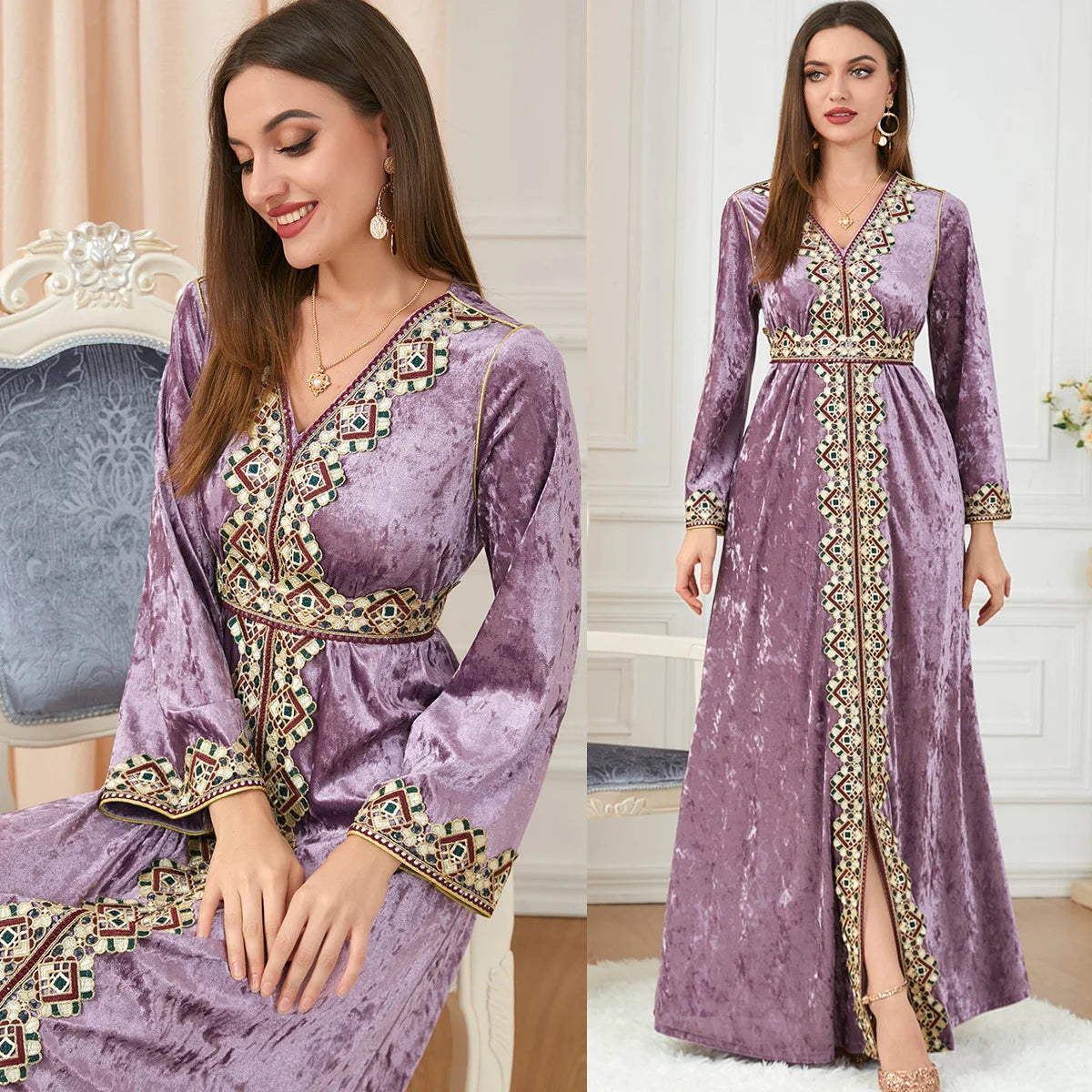 Abaya Muslim Maxi Long Sleeve Dress With Cap Women Diamond Arab Dubai Islamic Clothing Autumn New Loose Casual Turkey Robe
