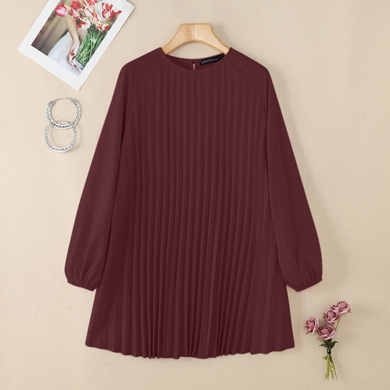 Fashion Women Long Sleeve Pleated Tops ZANZEA Autumn Muslim Blouse Long Shirt Ramadan Abaya Turkey Kaftan Solid IsIamic Clothing