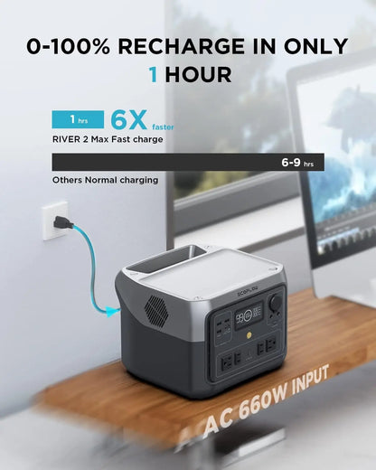 Portable Power Station RIVER 2 Max 512Wh LiFePO4 Battery/ 1 Hour Fast Charging Up To 1000W Output Solar Generator