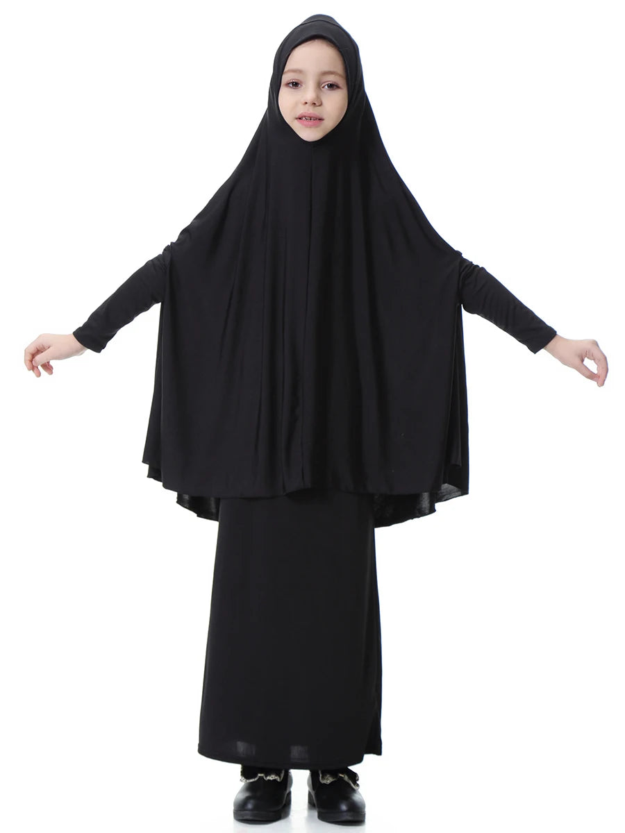 2pcs Set Abaya Muslim Kids Girls Gowns Long Overhead Hijab Maxi Dress Islamic Prayer Garment Clothing Set Turkey Khimar Ramadan