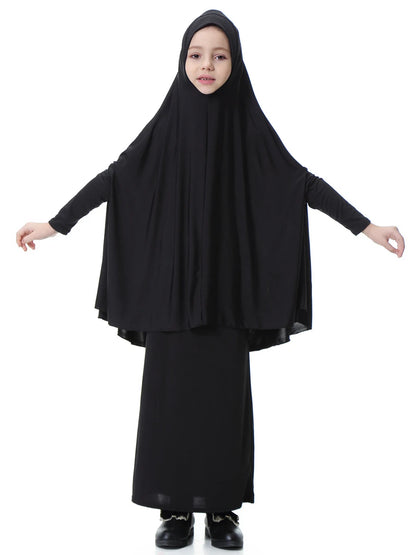 2pcs Set Abaya Muslim Kids Girls Gowns Long Overhead Hijab Maxi Dress Islamic Prayer Garment Clothing Set Turkey Khimar Ramadan