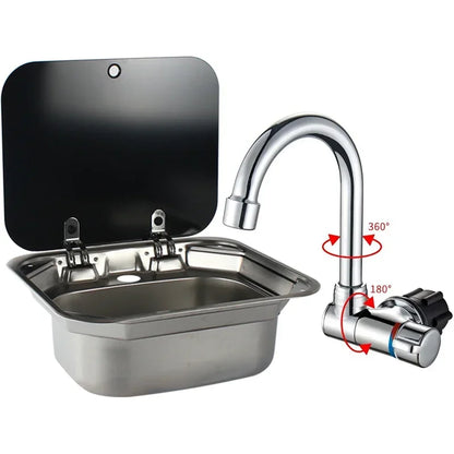 RV Camper Stainless Steel Hand Wash Basin Sink With Folded Faucet Tempered Glass Lid Washbasin for Caravan Boat Motorhome