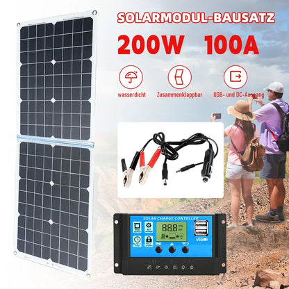 200W Foldable Solar Panel 12V Solar Cell with 100A Controller USB Battery Charger Solar Panel Kit for Phone RV Car Charging