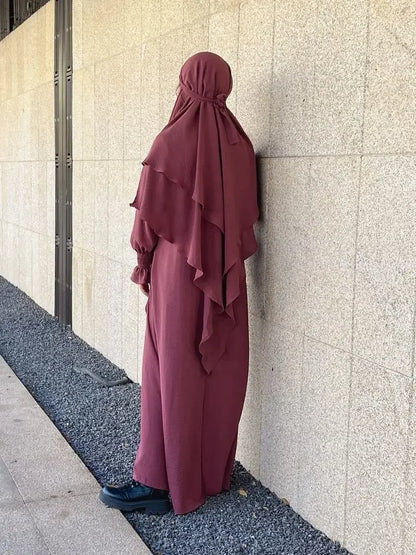 Khimar Abaya Set Crinkled Fabric Smocked Cuff Dress+Two Layer Hijab Scarf Prayer Clothes Islam Jilbabs for Women Ramadan Muslim