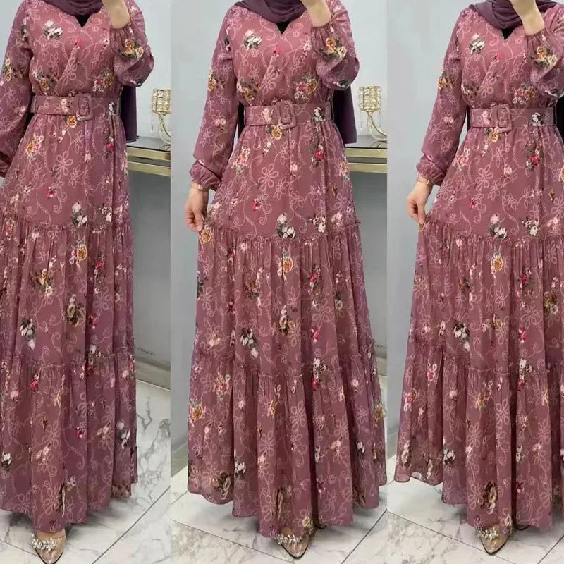 Eid Morocco Dress Women Muslim Abaya Jalabiya Turtleneck Floral Print Belted Dubai Kaftan Robe Vestidos Ramadan Abayas Dresses