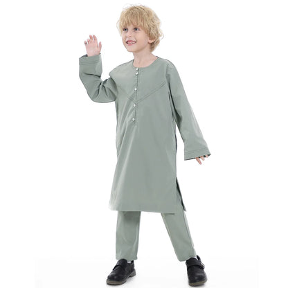 2025 Muslim Kids Jubba Thobe Arab Boy Thobe Children Abaya Ramadan Dress Pant Set 2 Piece Caftan Robe Kaftan Musulman Ensembles