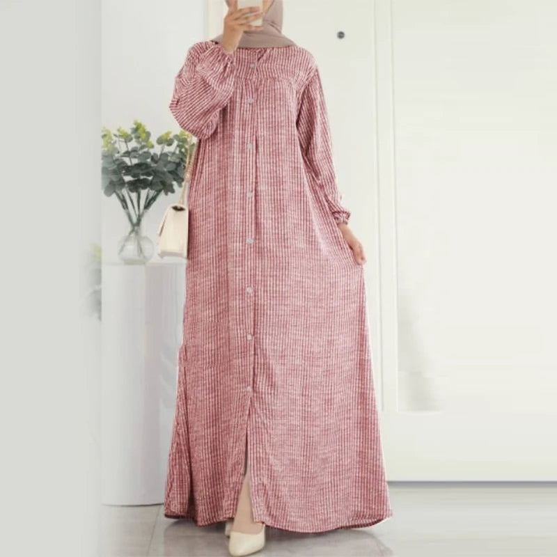 ZANZEA Autumn Sundress Women Vintage Long Sleeve Islamic Clothing Dubai Vestido Fashion Striped Muslim Abaya Dress Robe Femme
