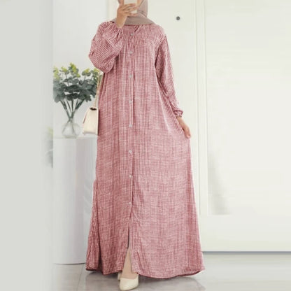 ZANZEA Autumn Sundress Women Vintage Long Sleeve Islamic Clothing Dubai Vestido Fashion Striped Muslim Abaya Dress Robe Femme