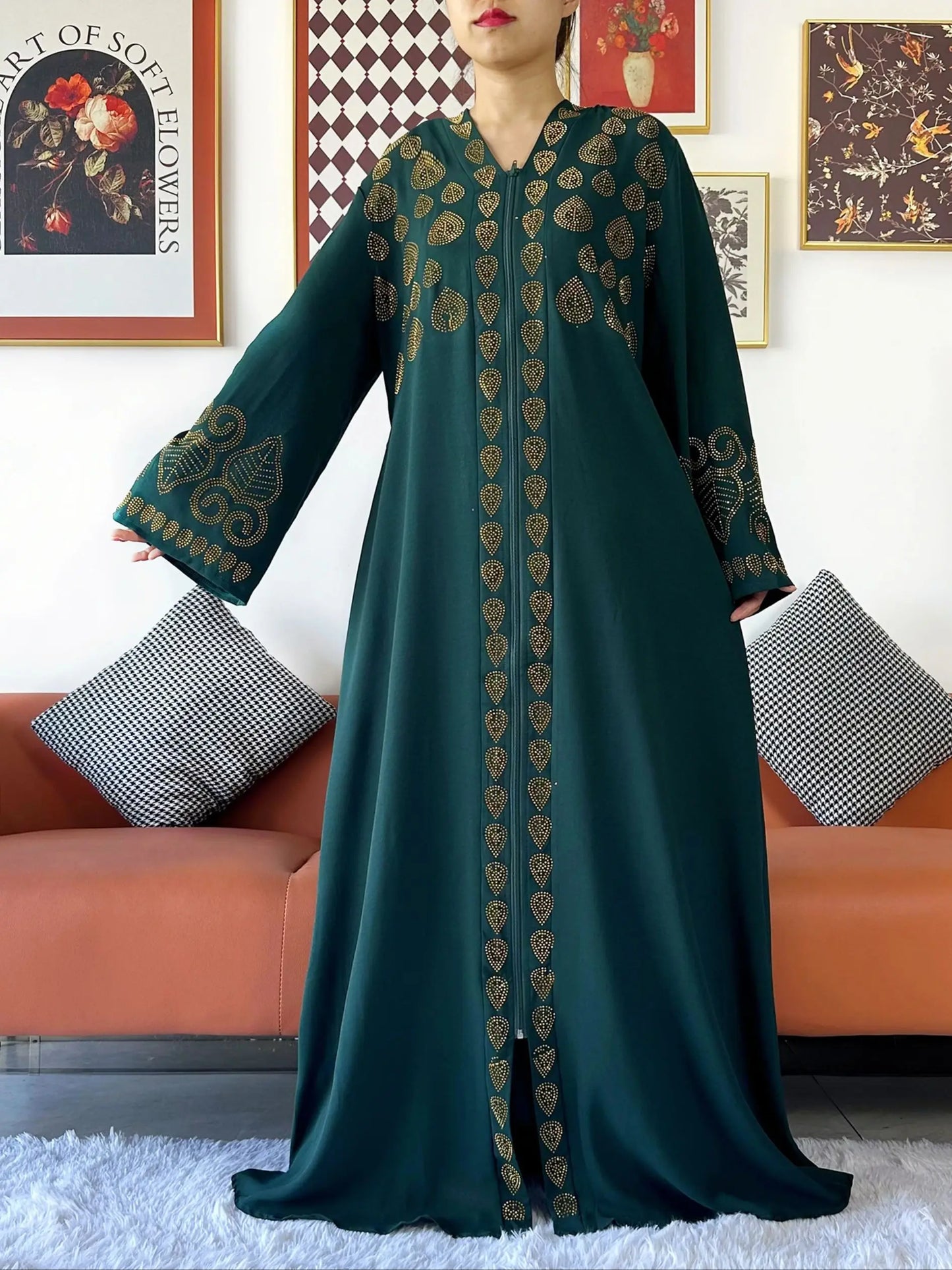 2024 Women Party Dress Chiffon Open Abaya Golden Stones Muslim Women Dress Islamic Clothing Cardigan Abaya Women Muslim Dress