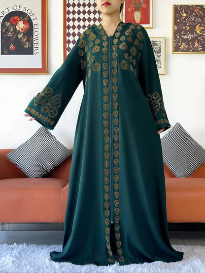 2024 Women Party Dress Chiffon Open Abaya Golden Stones Muslim Women Dress Islamic Clothing Cardigan Abaya Women Muslim Dress
