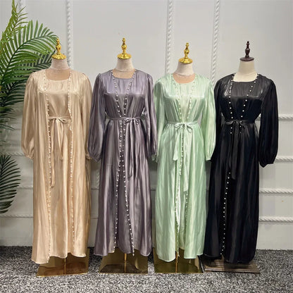2 Piece Silk Satin Kimono Abaya Under Dress Morocco Muslim Sets Abayas for Women Dubai Arabic Cardigan Kaftan Robe Islam outfits