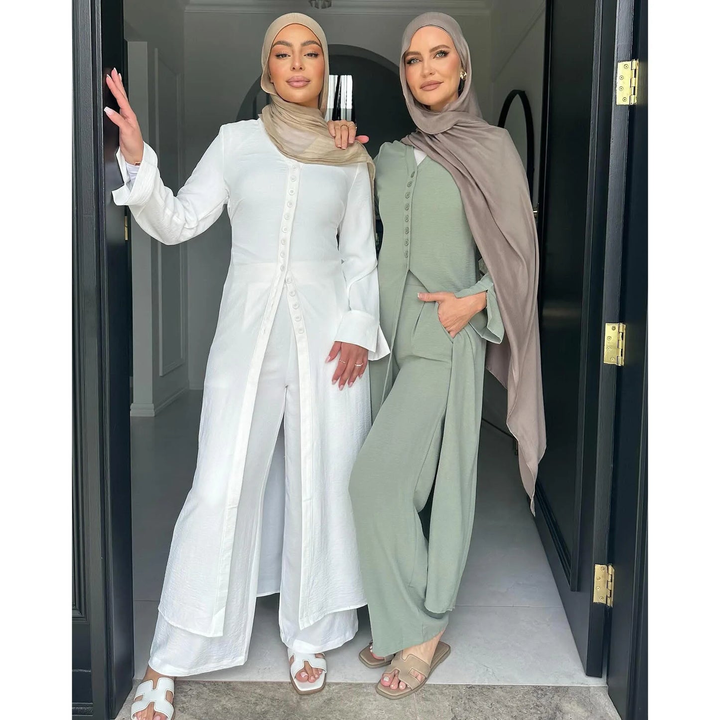 2PCS Muslim Women Button Long Sleeve Tops Dress Pants Set Dubai Abaya Turkey Kaftan Arabic Outfits Eid Ramadan Islam Clothing