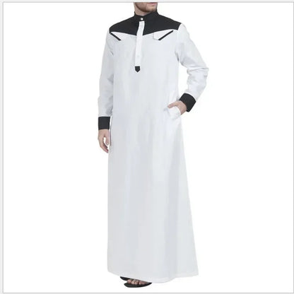2025 Muslim Thobe Comfortable Men Caftan Long Sleeve Contrast Color Muslim Clothing Mandarin Neck Muslim Robe for Middle East