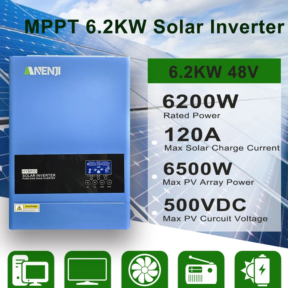 6.2KW 4KW Solar Inverter Hybrid 48V 24V Pure Sine Wave On Grid Off Grid MPPT 100A/120A Solar Charge Controller For PV 60-500V