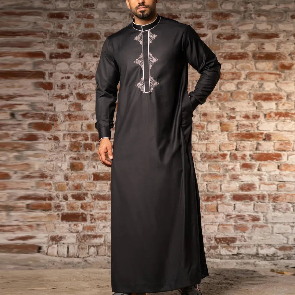 Eid Muslim Fashion Men Jubba Thobe Embroidery Stand Collar Dubai Arab Long Dress Islamic Ramadan Robe Saudi Musulman Abaya Male