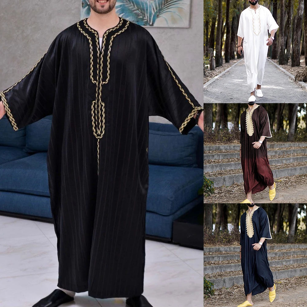 Mens Muslim Stripe Jubba Kaftan Dishdash Thobe Saudi Arab Muslim Clothing Long Sleeve Maxi Robe New Caftan Dubai Robe A50