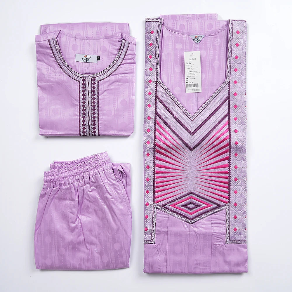 New African Clothes for Men Dashiki Tradition Outfit Robe Embroidery Pink Tops Pants Suits Bazin Muslim Wedding Party Clothing