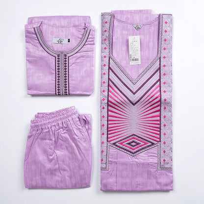New African Clothes for Men Dashiki Tradition Outfit Robe Embroidery Pink Tops Pants Suits Bazin Muslim Wedding Party Clothing