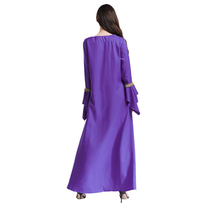 Elegant Womens Muslim Abaya Floor Length Robe V Neck Flared Sleeve Dress Halloween Witch Masquerade Gown Role Play Theme Party