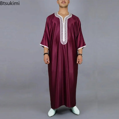 New 2025 Men Arab Muslim Fashion Islamic Clothing Men Embroidered Jubba Thobes Homme Moroccan Kaftan Eid Prayer Long Robe Dress