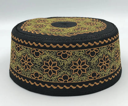 Tax Products Turkey Muslim Men clothing Saudi Prayer Hat Black with White Embroidery Yarmulke Flat Top Hats Jewish Islamic Caps