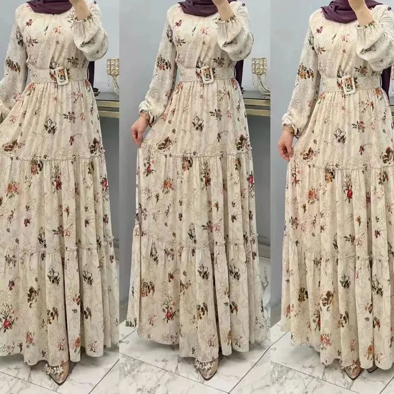 Eid Morocco Dress Women Muslim Abaya Jalabiya Turtleneck Floral Print Belted Dubai Kaftan Robe Vestidos Ramadan Abayas Dresses