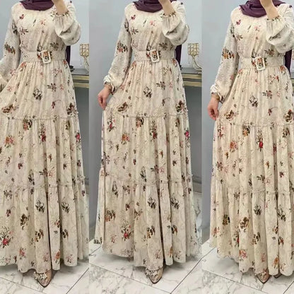 Eid Morocco Dress Women Muslim Abaya Jalabiya Turtleneck Floral Print Belted Dubai Kaftan Robe Vestidos Ramadan Abayas Dresses