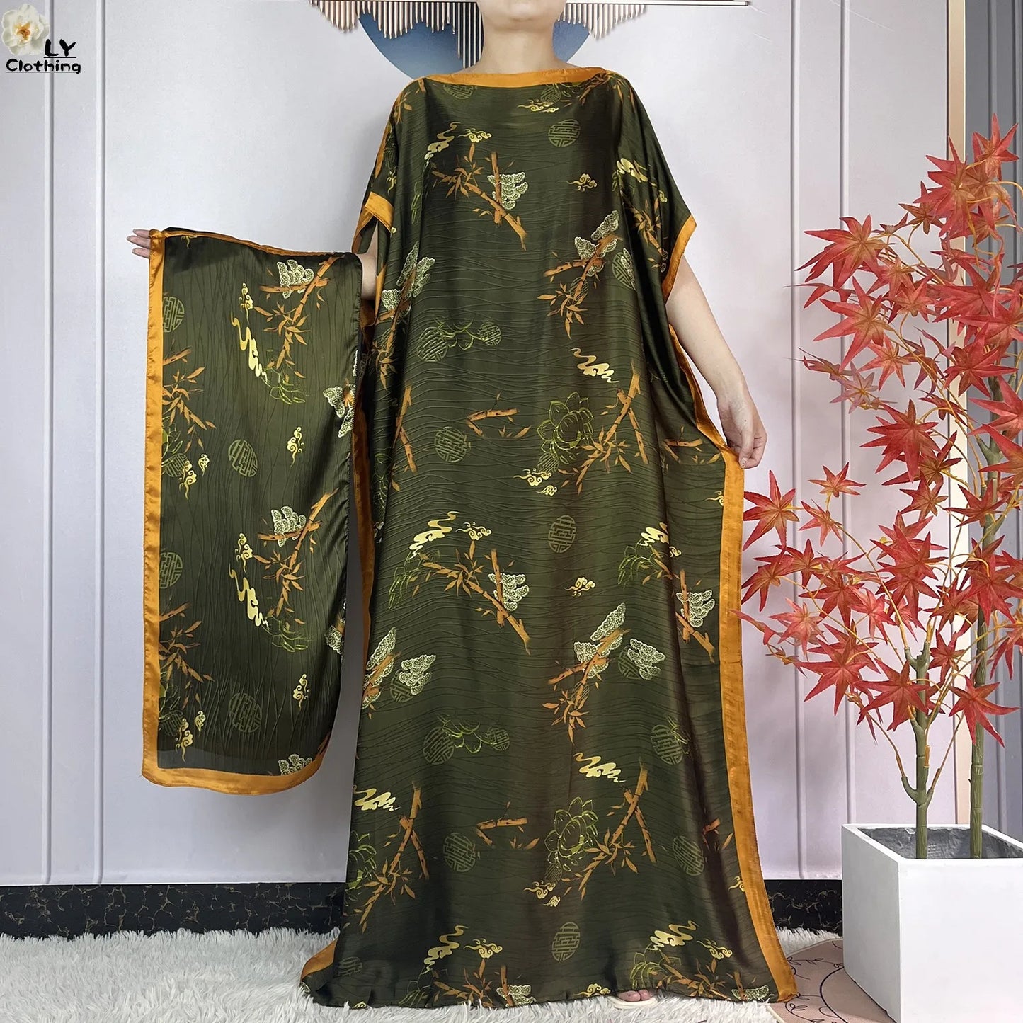 Muslim Abayas For Women 2023 New Fashion Printed Silk Soft Loose Femme Elegant Robe African Maxi Party Dresses With Belt Turban