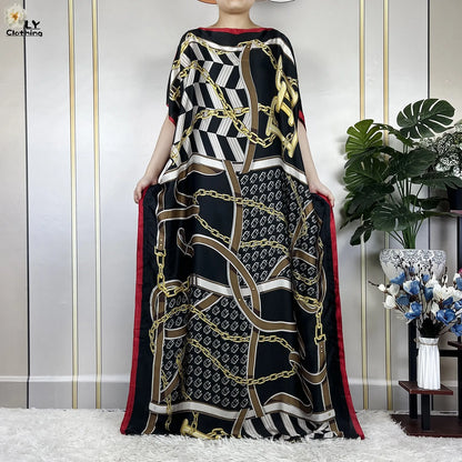 Muslim Abayas For Women 2023 New Fashion Printed Silk Soft Loose Femme Elegant Robe African Maxi Party Dresses With Belt Turban