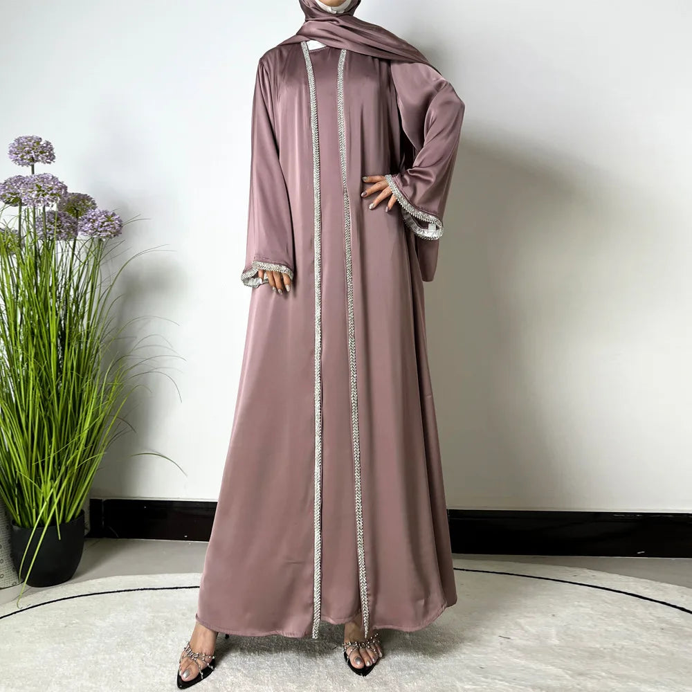 Diamonds Decorations High Quality Shiny Satin Abaya Set for Women, Sleeveless Dress, Satin Shawl Scarf, Muslim Outfit, Ramadan
