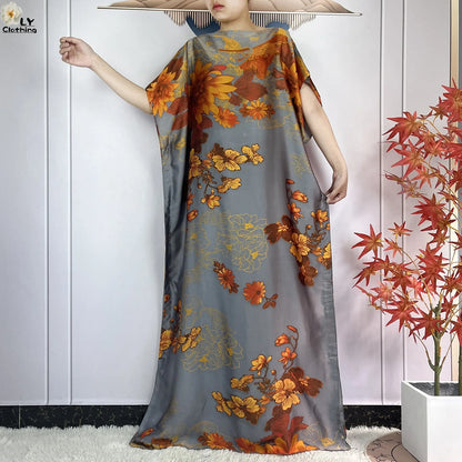 Muslim Abayas For Women 2023 New Fashion Printed Silk Soft Loose Femme Elegant Robe African Maxi Party Dresses With Belt Turban