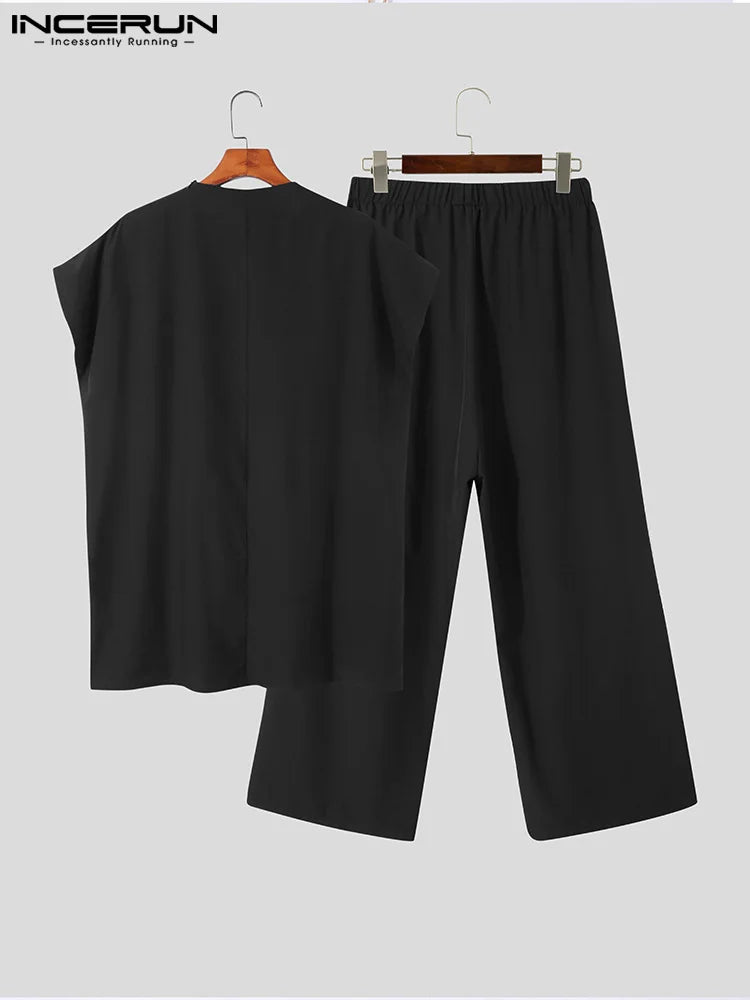 INCERUN Men Sets Muslim Clothing 2023 O-neck Short Sleeve T Shirt & Wide Leg Pants Two Pieces Solid Baggy Men Casual Suits 7