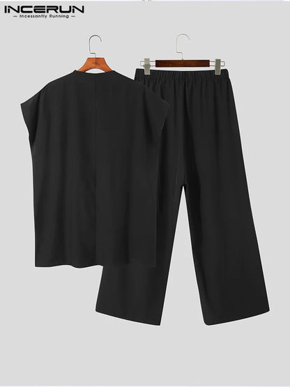INCERUN Men Sets Muslim Clothing 2023 O-neck Short Sleeve T Shirt & Wide Leg Pants Two Pieces Solid Baggy Men Casual Suits 7