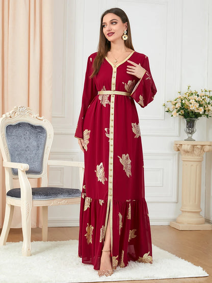 Party Dresses Muslim Abaya Women Dubai 2024 Iron Long Sleeve V-Neck Button Maxi Long Dress Tape Belted Kaftan Split Hem Vestidos