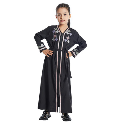 New Muslim Kids Girls Zipper Front Open Abaya Morocco Kaftan Islamic Child Clothes Eid Ramadan Jalabiya Arabic Robe Caftan Dress