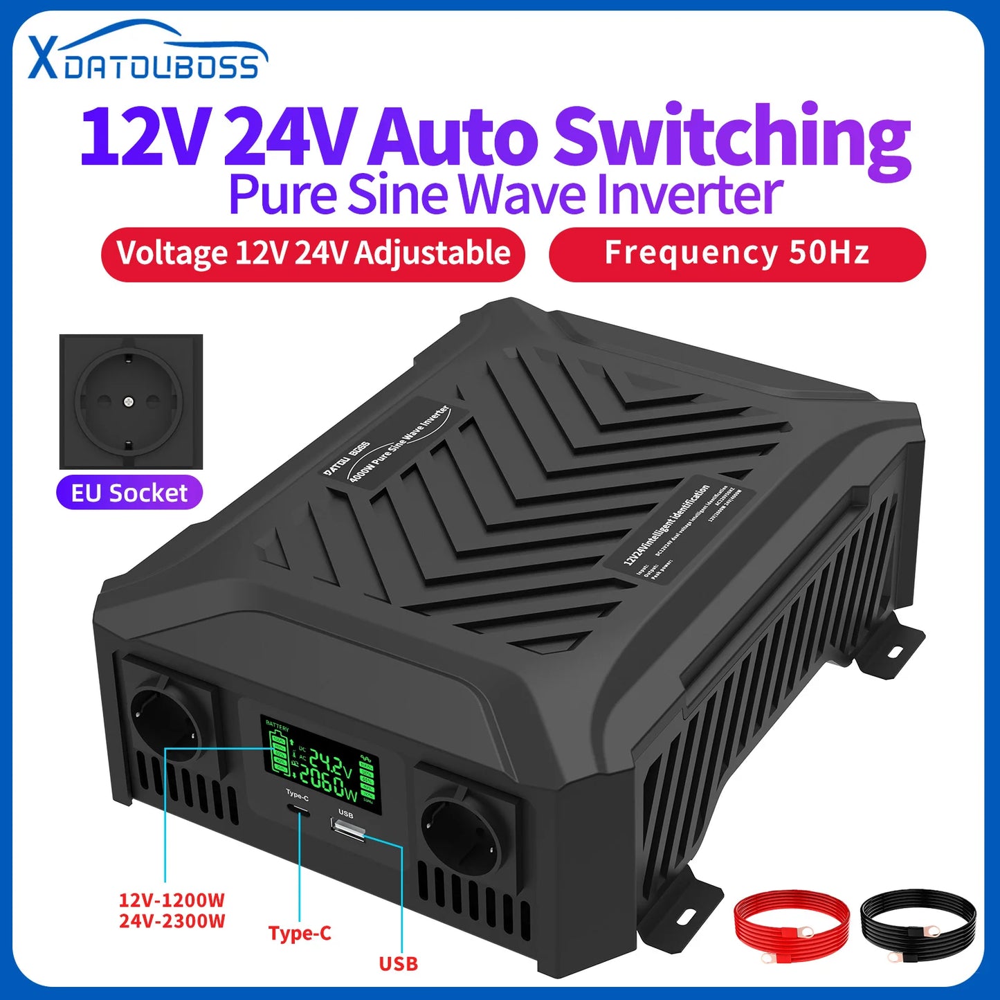 DATOU BOSS Pure Sine Wave Inverter 12v 24v 1200w 2300w Two Voltages Support dc ac Inverter 12v to 220v EU Peak Power 4000W