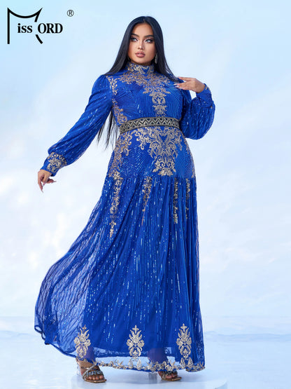 Missord New Blue Plus Size Muslim Round Neck Long Sleeved A Line Gown Evening Women Wedding Birthday Party Large Maxi Dress