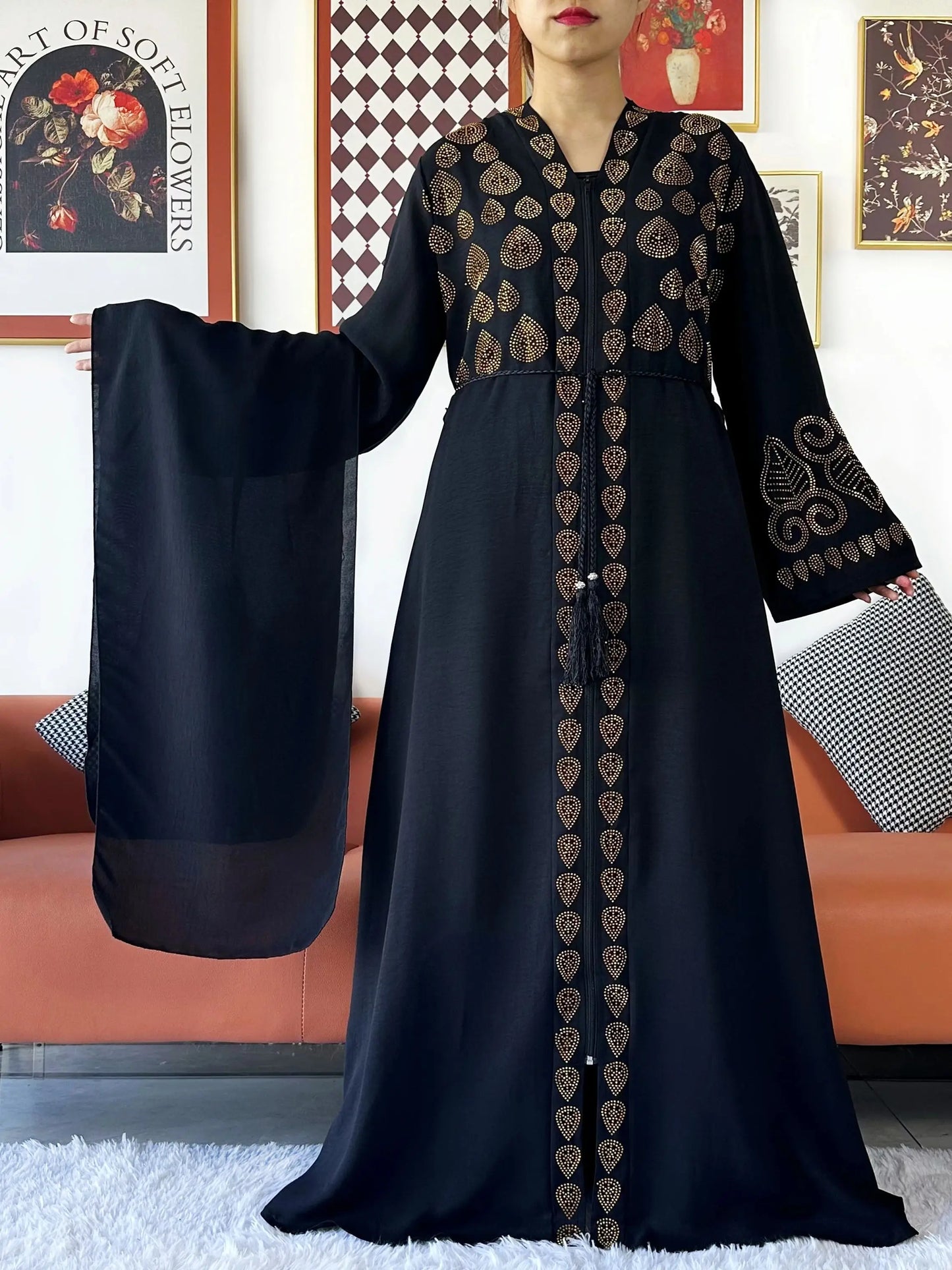 2024 Women Party Dress Chiffon Open Abaya Golden Stones Muslim Women Dress Islamic Clothing Cardigan Abaya Women Muslim Dress