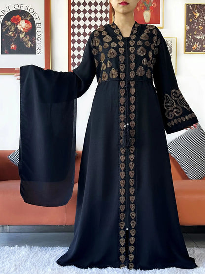 2024 Women Party Dress Chiffon Open Abaya Golden Stones Muslim Women Dress Islamic Clothing Cardigan Abaya Women Muslim Dress