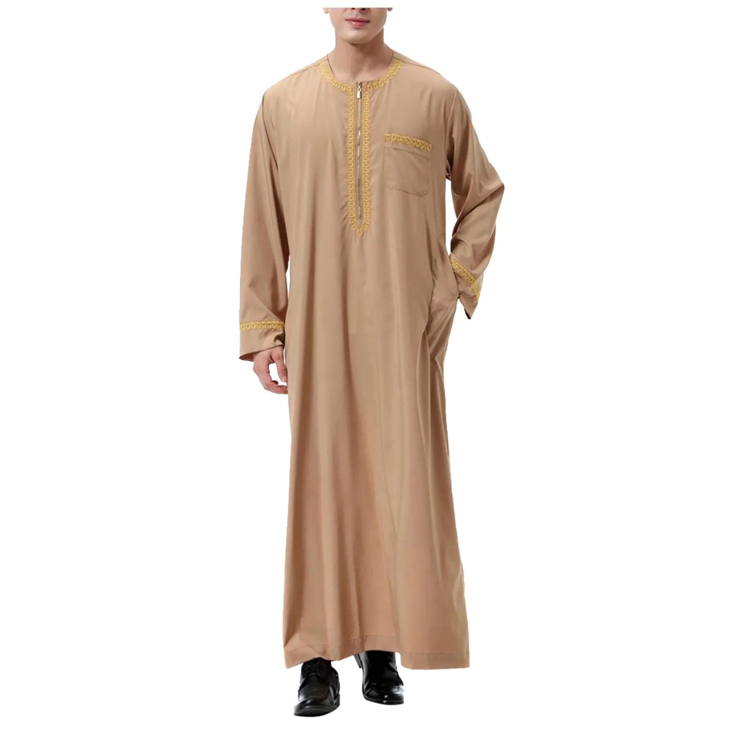 Mens Muslim Robe Arab Middle Robe Long Sleeve Embroidered Pocket Long Abaya Shirt Prayer Muslim Men Clothing