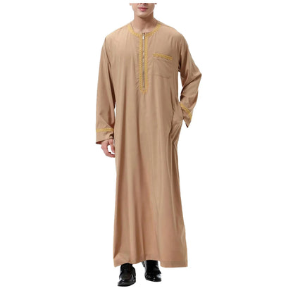 Mens Muslim Robe Arab Middle Robe Long Sleeve Embroidered Pocket Long Abaya Shirt Prayer Muslim Men Clothing