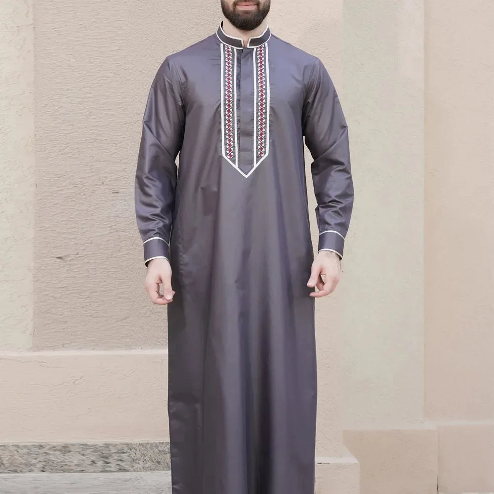 Eid Muslim Fashion Men Jubba Thobe Embroidery Stand Collar Dubai Arab Long Dress Islamic Ramadan Robe Saudi Musulman Abaya Male