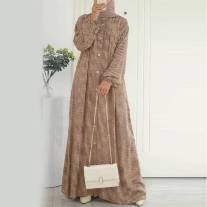 ZANZEA Autumn Sundress Women Vintage Long Sleeve Islamic Clothing Dubai Vestido Fashion Striped Muslim Abaya Dress Robe Femme