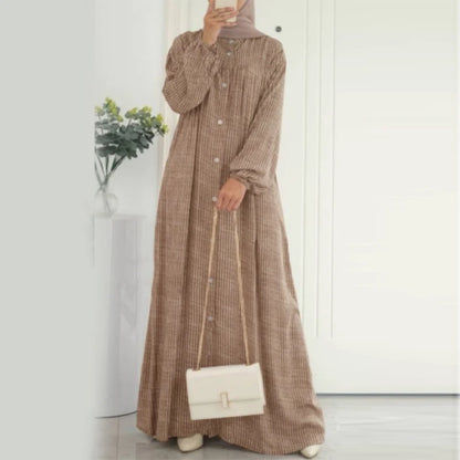 ZANZEA Autumn Sundress Women Vintage Long Sleeve Islamic Clothing Dubai Vestido Fashion Striped Muslim Abaya Dress Robe Femme