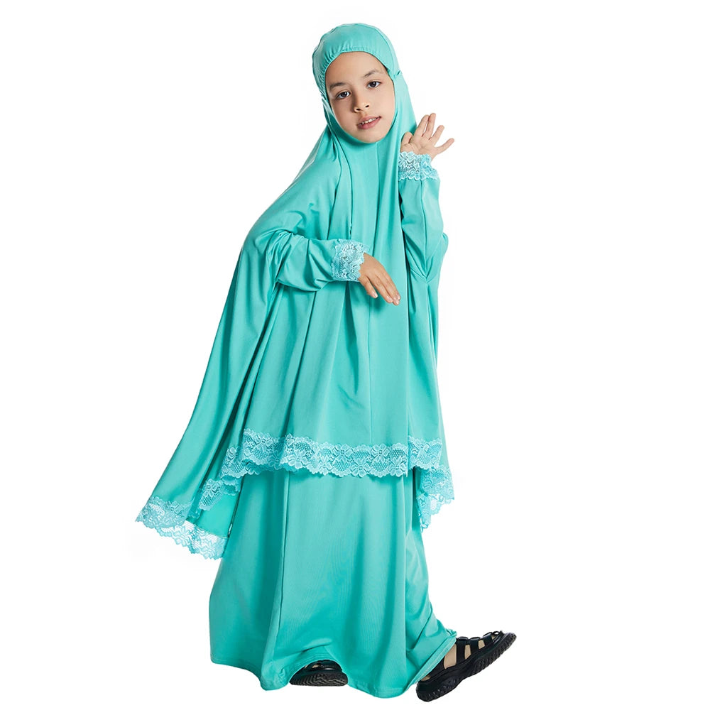 2Pcs Traditional Muslim Kids Girls Abaya Eid Hooded Overhead Hijab Burqa Maxi Skirt Sets Turkey Dubai Kaftan Prayer Garment Gown